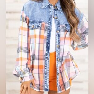 Mazik Orange Multicolor Plaid and Chambray Top Button Down Size Small
